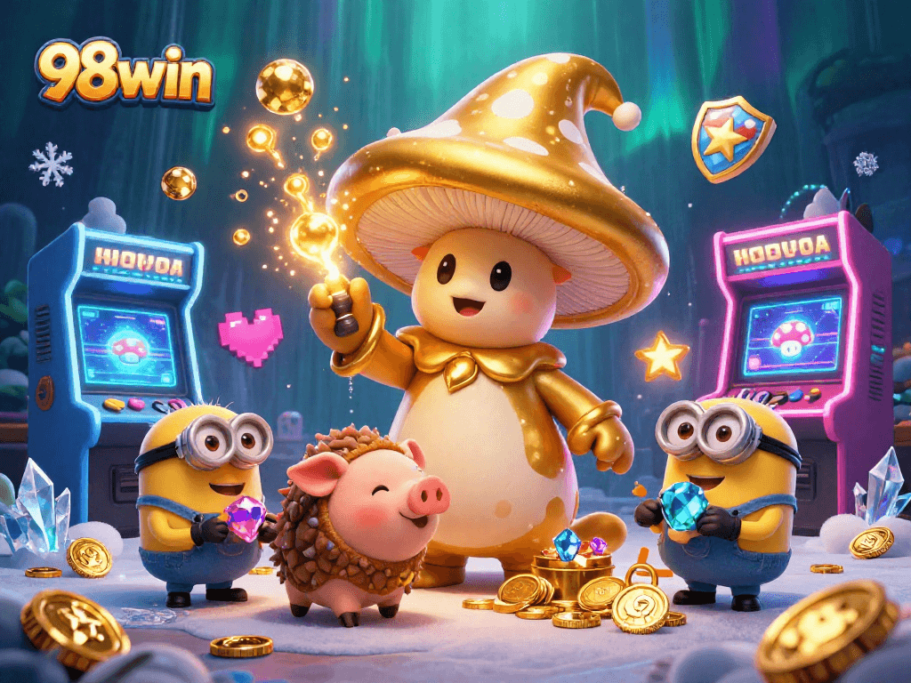 Experience the excitement and treasure at 98win's casino with colorful characters and dynamic gaming elements.