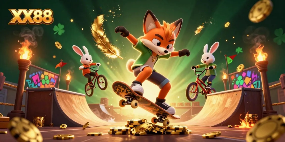 Experience the excitement at XX88 with a vibrant scene of a fox and rabbit showcasing thrilling tricks in a dynamic casino atmosphere.