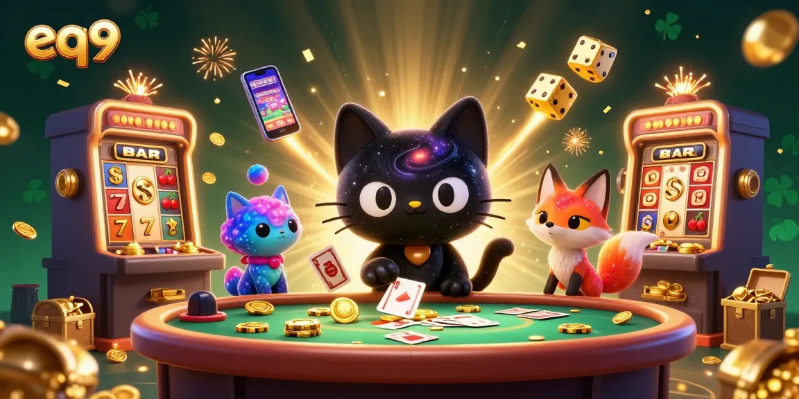 Discover exciting games at eq9, where a cosmic cat and fox enjoy a thrilling casino adventure.