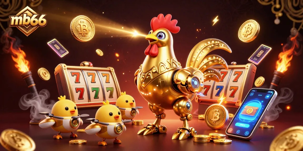 Bet on mb66 for an exhilarating casino experience featuring a golden rooster robot and vibrant slot elements.