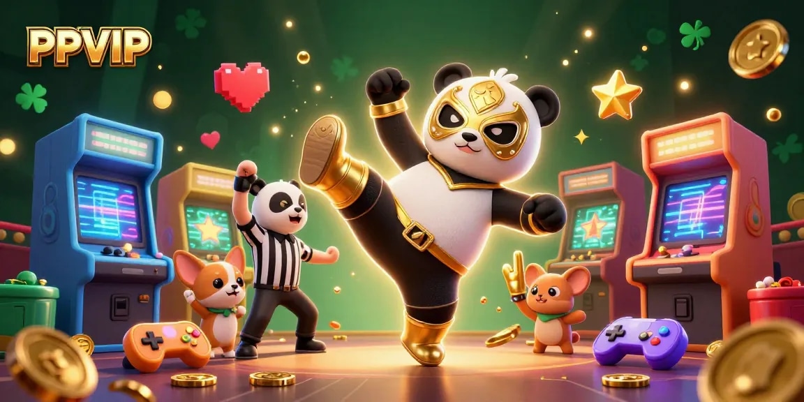 Experience the excitement at PPVIP as the panda wrestler shows off a flying kick among bright casino game elements.