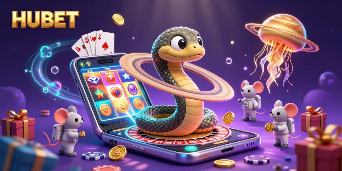 HUBET offers exciting betting action with a vibrant casino illustration featuring a cosmic dealer and small astronaut mice.