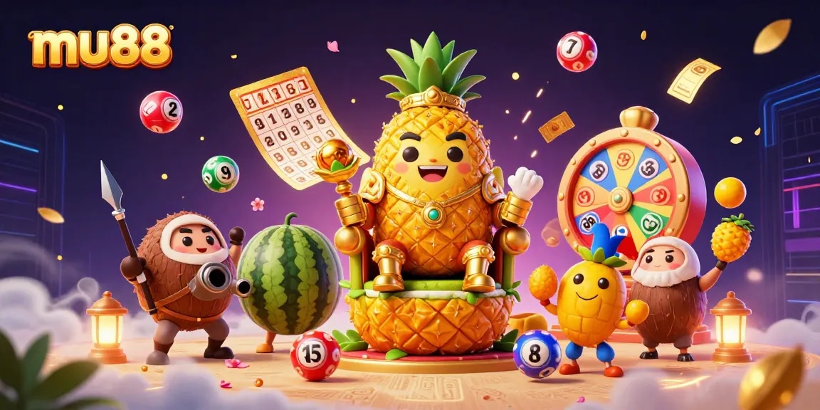 Experience the vibrant casino world of mu88 with a pineapple king, coconut guards, and exciting lottery elements.