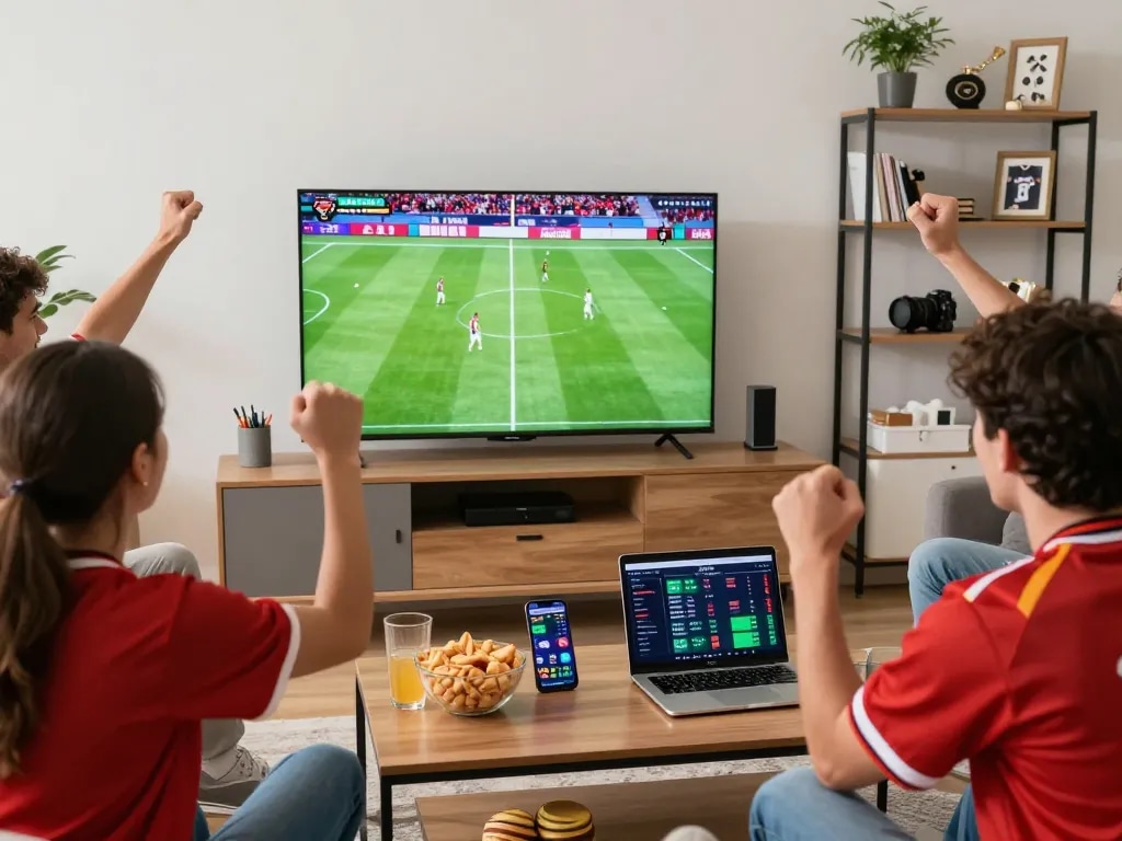 Xoilac fans enjoying a live football match at home with snacks and devices