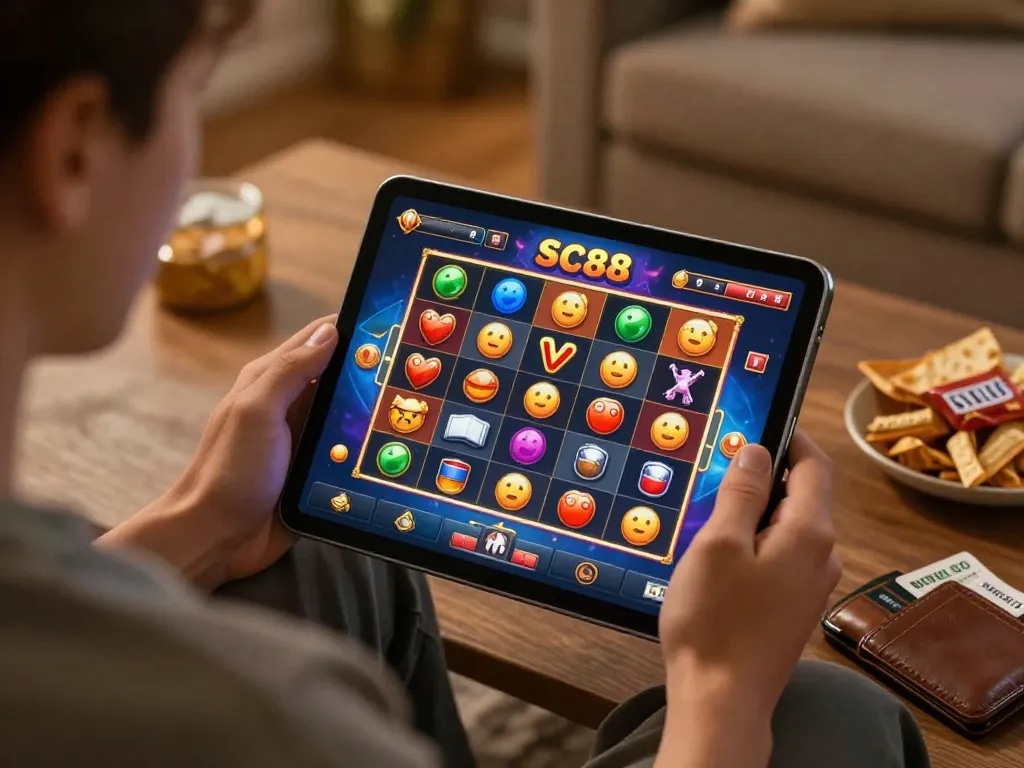 Enjoying SC88 online games with vibrant slots and snacks in a cozy home atmosphere.