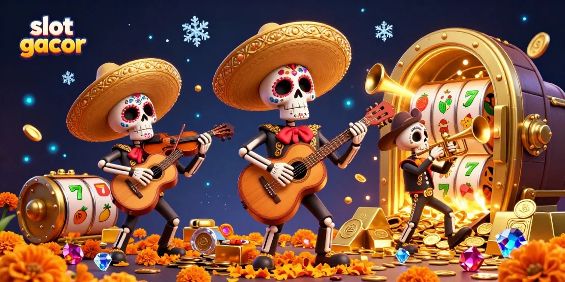 Spin the reels in the vibrant scene of slot gacor with dynamic skeleton mariachi band and gems.
