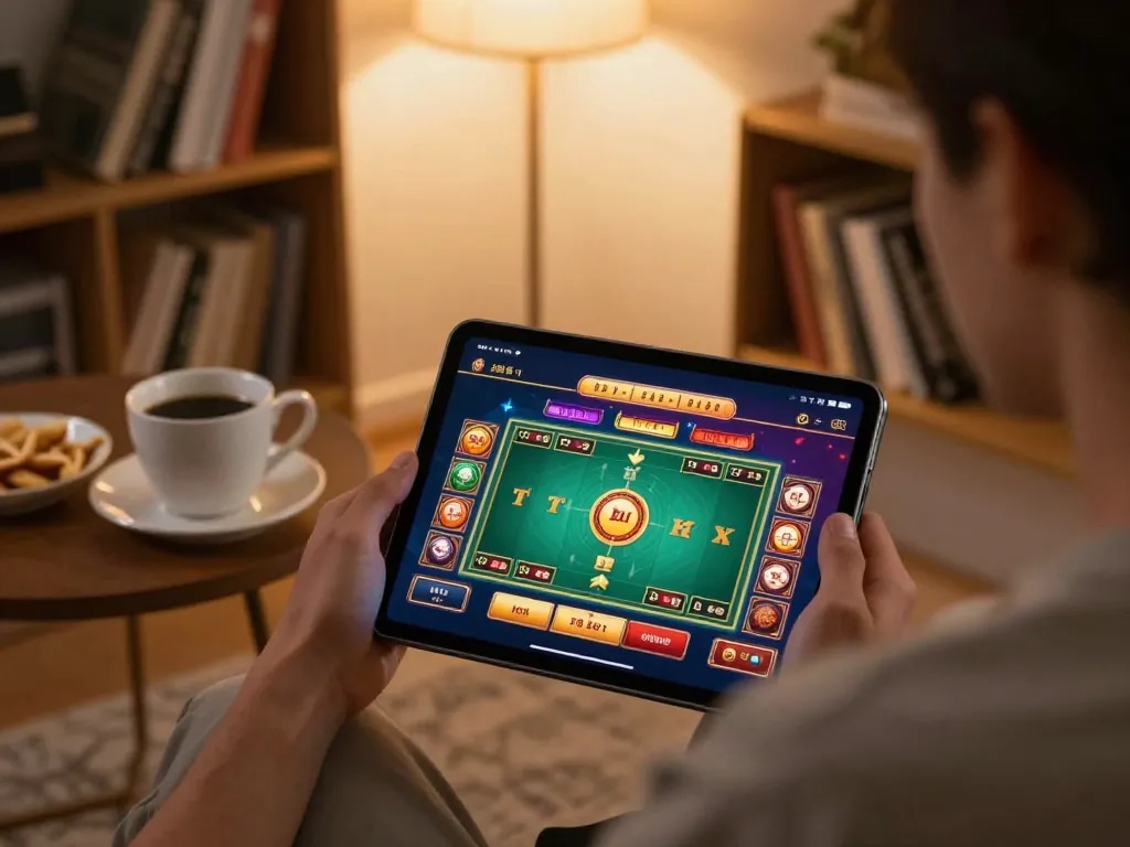 Play Tài Xỉu online through a user-friendly app interface on a cozy home setup