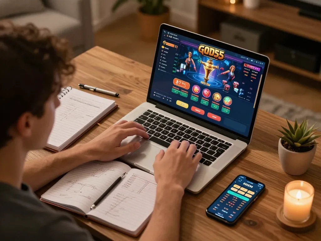 Player enjoying a thrilling gaming experience at god55 casino online from a cozy home office setup