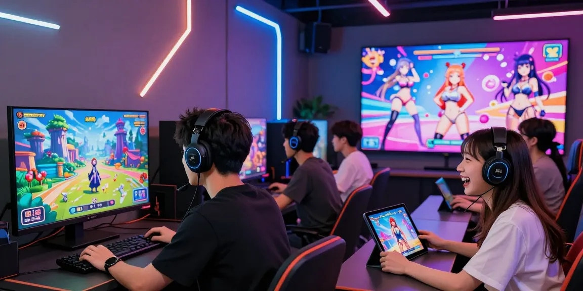Players enjoying ecchi simulator games in a lively gaming lounge with colorful graphics and engaging action.