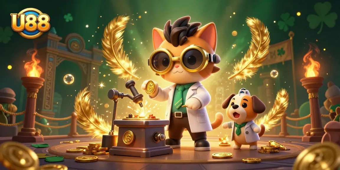 U88 brings a dynamic scene of a mad scientist cat and assistant dog generating gold coins amidst a casino-inspired backdrop.