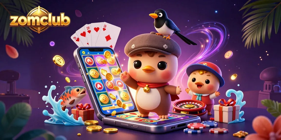 Zomclub offers thrilling gaming experiences with dynamic characters and exciting slot elements in a playful casino scene.
