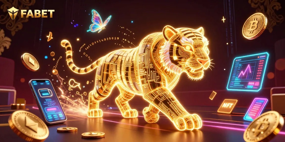 Bet on FABET with a golden tiger and crypto coins in a vibrant casino scene.