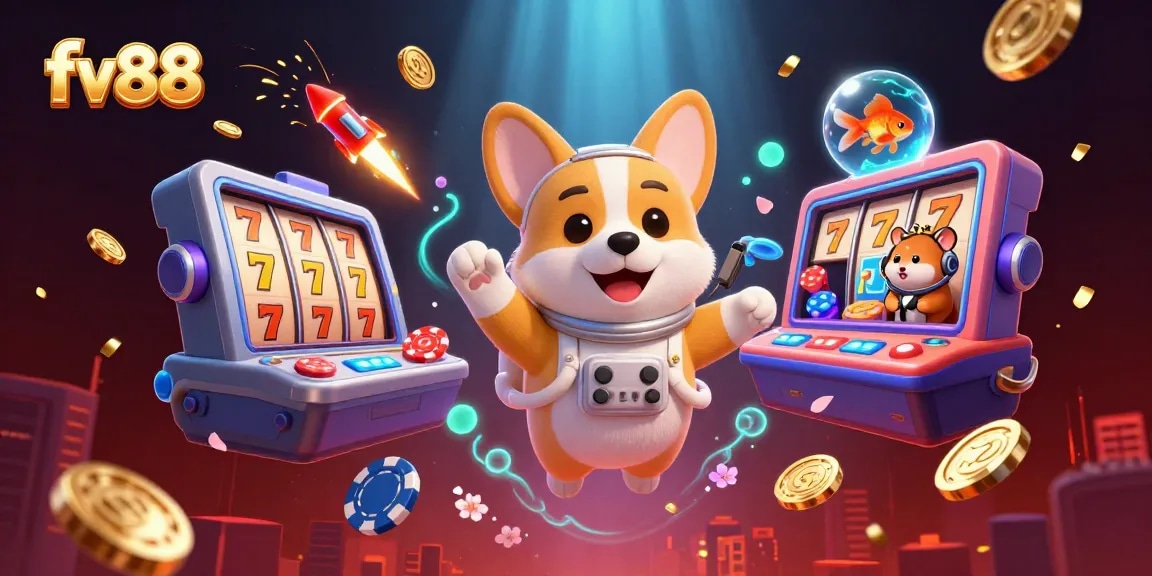 Experience thrilling casino action with fv88, featuring a playful corgi and stunning slot reels.