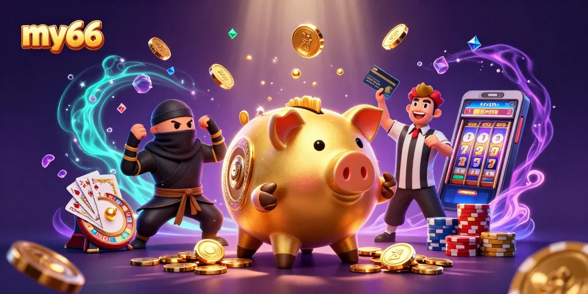 Experience the thrill of mv66 with golden coins cascading around a dynamic casino scene.