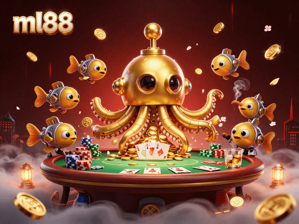 Experience the thrill of ml88 as a golden kraken emerges from coins in this dynamic casino scene.