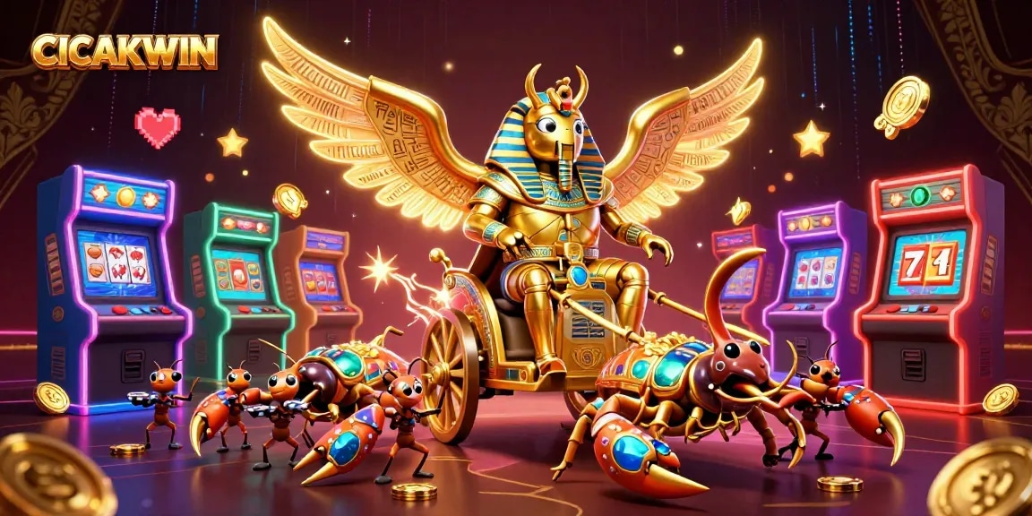 CICAKWIN showcases a stunning 3D scene with a golden scarab beetle in pharaoh armor amidst vibrant slot machines.