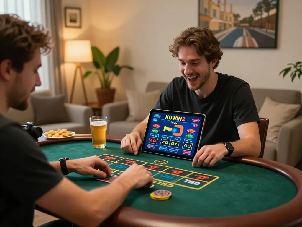 Player enjoying game on kuwin 2 app, showcasing engaging live dealer action and cozy home atmosphere.