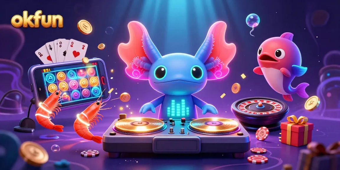 Spin colorful slot games with okfun amidst vibrant underwater casino fun and exciting characters.
