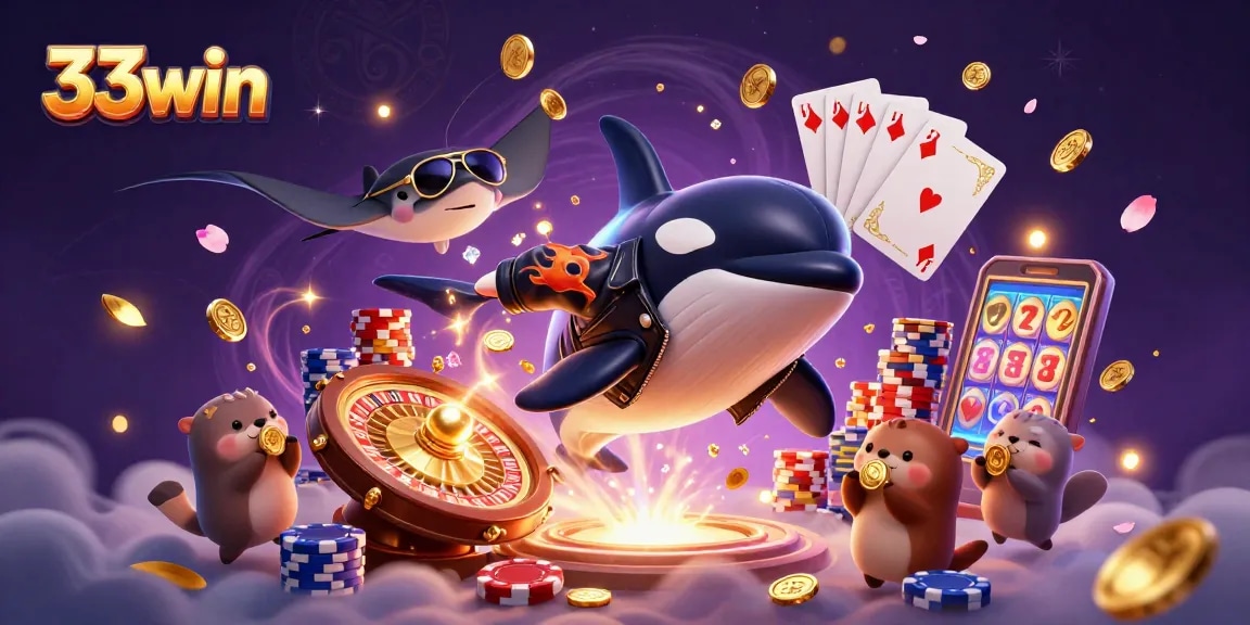 Engage with 33win's thrilling casino atmosphere featuring colorful characters and dazzling game elements.
