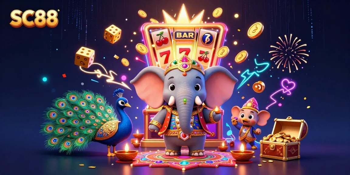 Experience SC88's vibrant casino adventures with a 3D cartoon elephant and jackpot elements bursting with excitement.