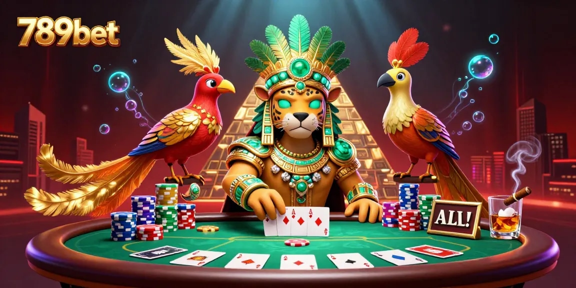 Experience the thrill of 789bet with a vibrant Mayan themed poker scene featuring a glowing jaguar priest.