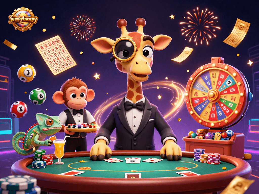 Experience jumpybumpy's thrilling poker scene with vibrant colorful casino elements and dynamic characters.