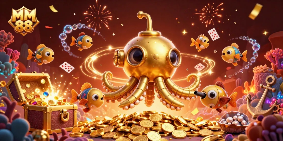 Engage with MM 88's thrilling atmosphere in this vibrant underwater casino scene bursting with excitement.