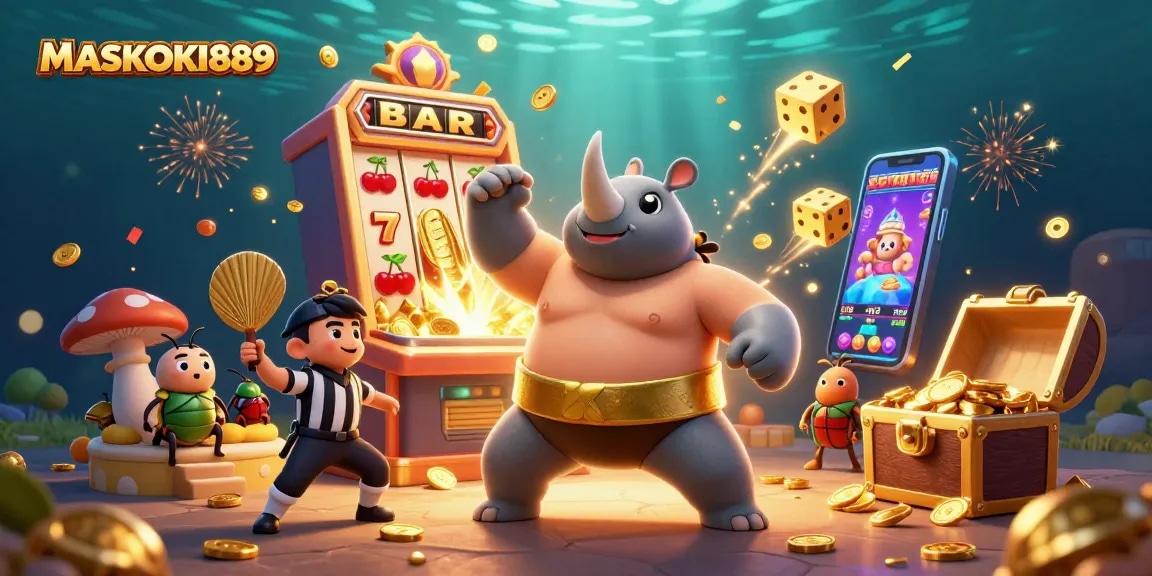 Experience the excitement of MASKOKI889 with a 3D illustration of a sumo beetle champion amid jackpot slots.