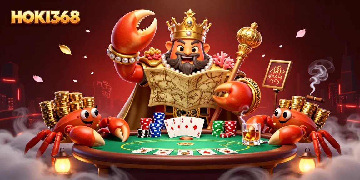 Get ready to win big with HOKI368, featuring a golden crab emperor and poker elements in an exciting casino scene.
