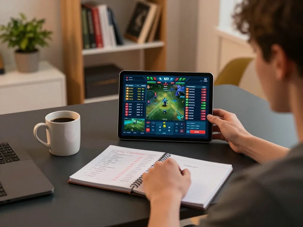 Person using tablet for sports betting at home, showcasing bl555ae's strategic gaming environment.