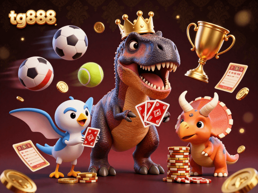 Engage with tg888's vibrant casino world featuring a playful T-Rex shuffling cards.