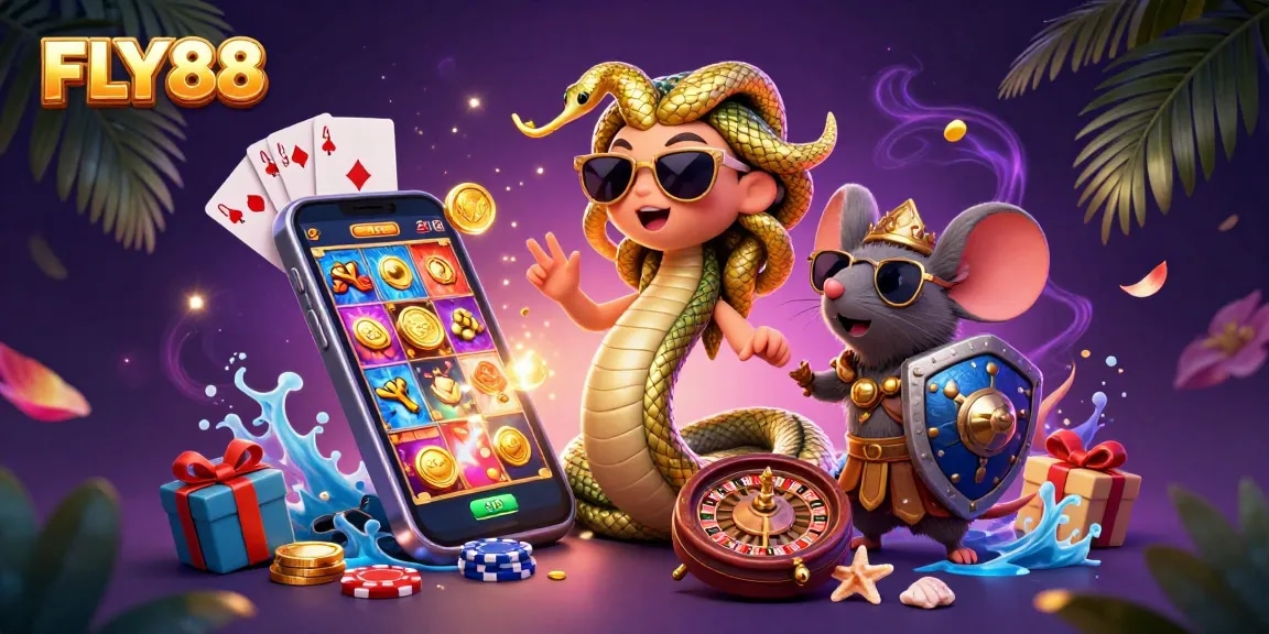 Engage with FLY88's vibrant online casino scene featuring captivating games, characters, and dynamic elements.