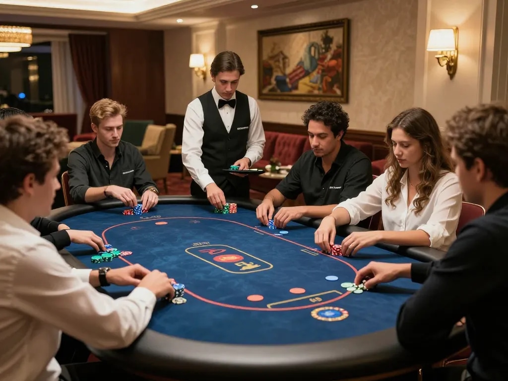 Players enjoy an exclusive VIP poker experience at vipwin casino, confidently placing bets and interacting.