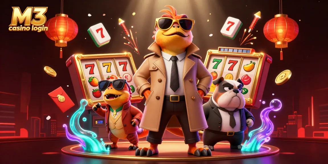 M3 casino login featuring cartoon raptors in disguise in a vibrant casino scene with fun elements.