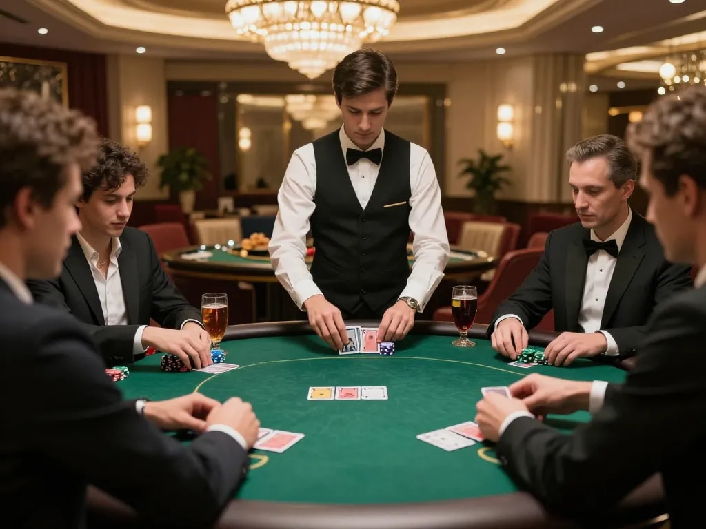 Players strategizing during a game bài đổi thưởng in an elegant VIP poker room with atmospheric lighting.