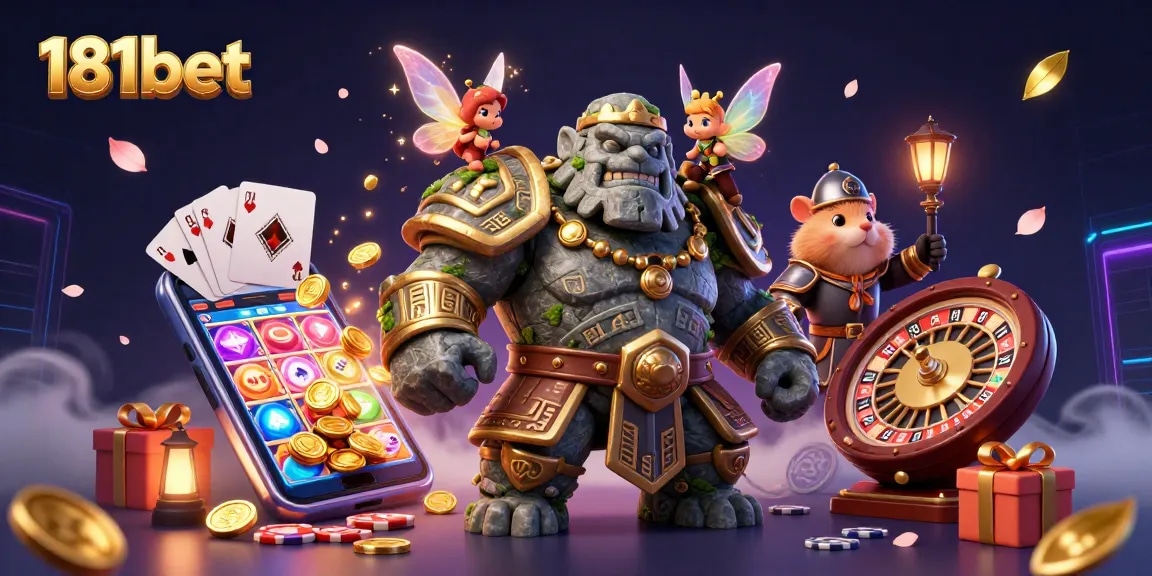 Experience thrilling gaming with 181bet's vibrant action-packed 3D casino illustration featuring unique characters and elements.