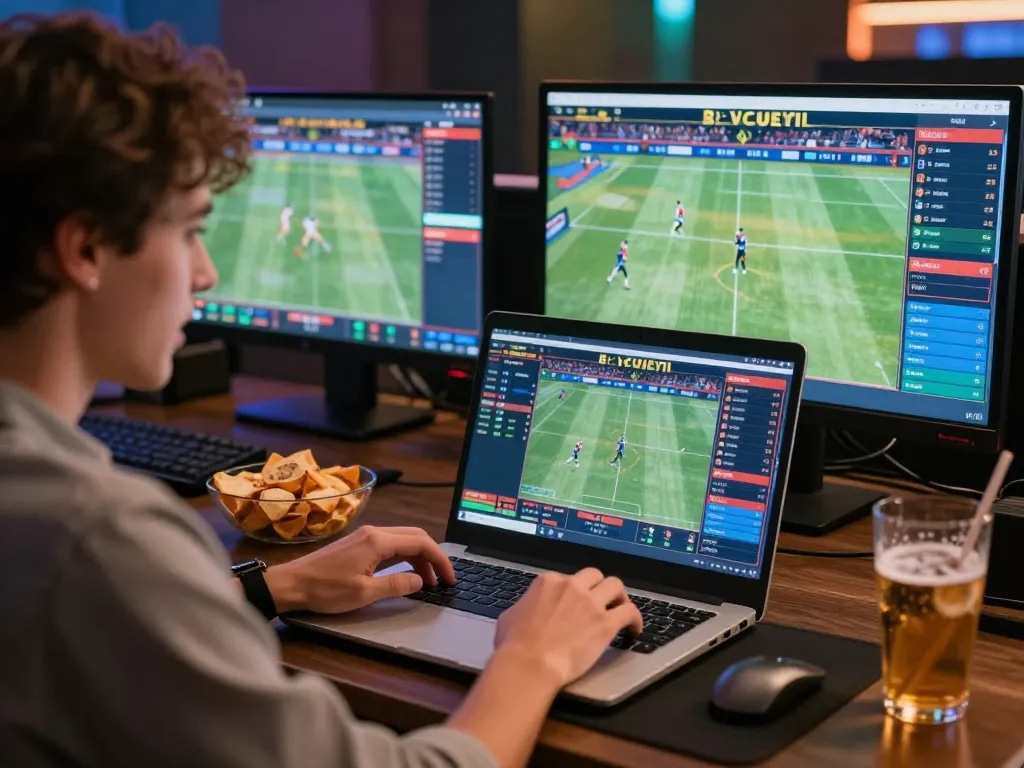 Engaging online sports betting setup at https://va88.now/ with multiple screens displaying live games and odds.