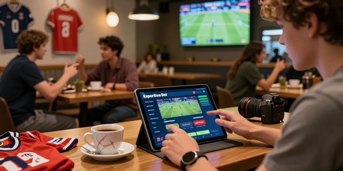 Exciting moment on Esportiva Bet platform, user engaging in online betting at a lively café, surrounded by sports memorabilia.