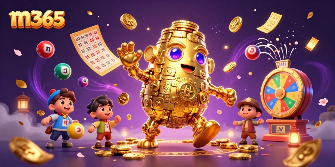 Experience thrilling m365 casino moments with vibrant lottery elements and a golden golem character.