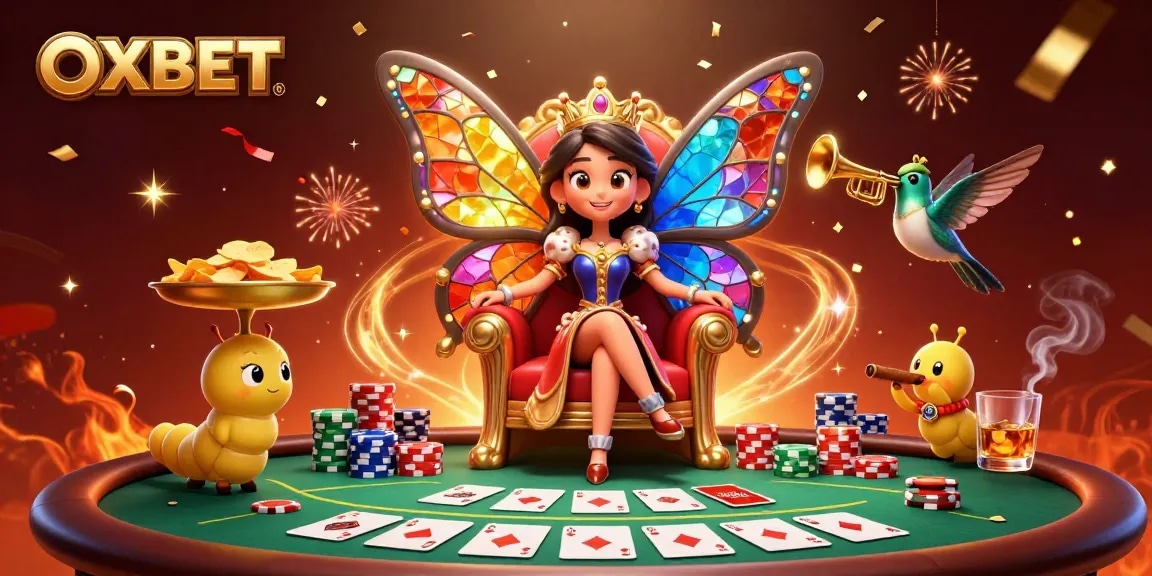 Play poker with OXBET's vibrant casino scene featuring a butterfly queen and colorful chips.