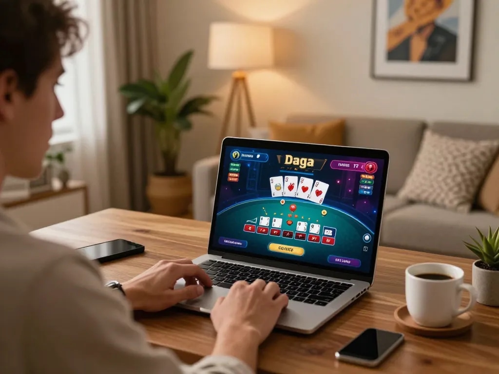 Daga player engaging in an online blackjack game, showcasing live dealer interface in a cozy home