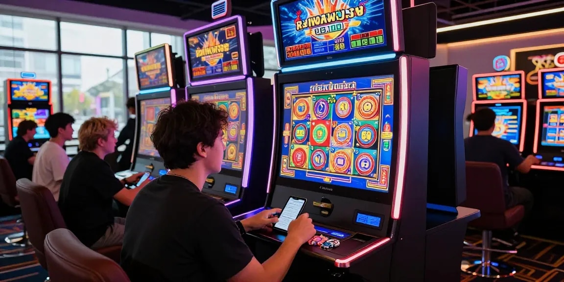 การเล่นเกม สล็อตพีจี ในคาสิโนออนไลน์ที่ทันสมัย มีผู้เล่นตั้งใจอยู่ในบรรยากาศที่มีแสงไฟนีออนสดใส