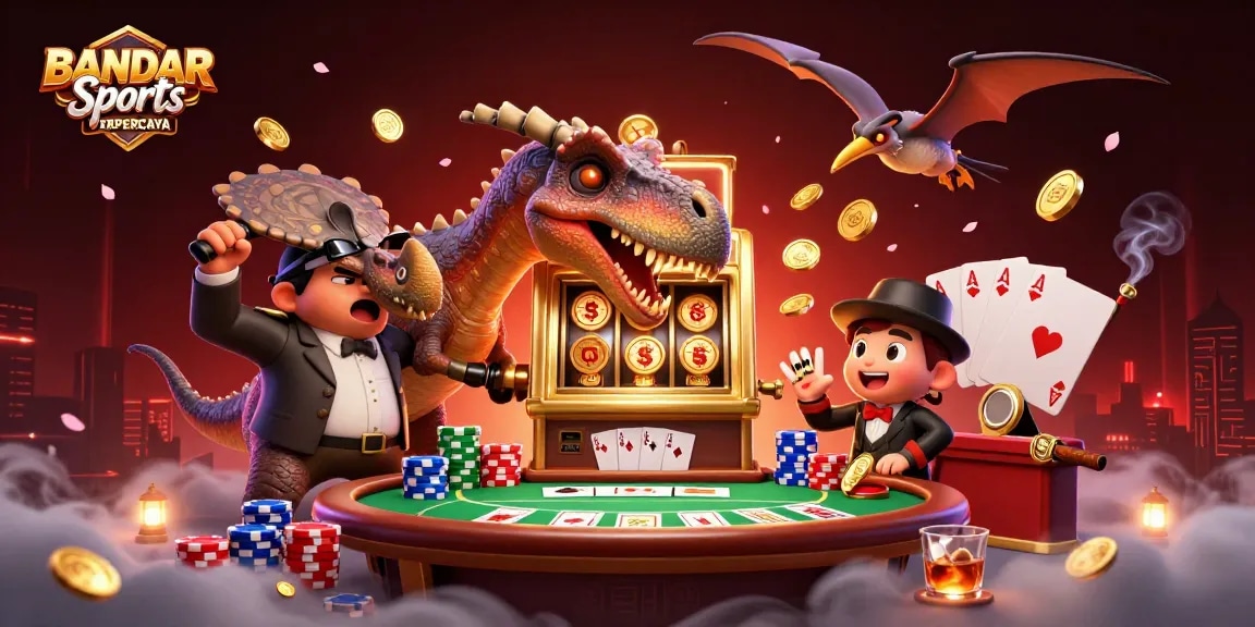 BANDAR Sports TERPERCAYA showcases a vibrant casino scene with dinosaurs engaging in energetic gaming for maximum jackpots.