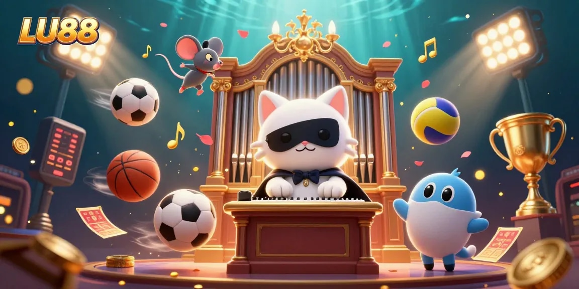 Engage with LU88's thrilling games surrounded by dynamic casino illustrations, showcasing excitement in gaming.