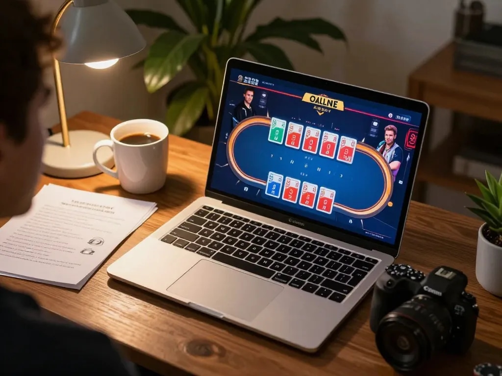 Engaged player utilizing 888b for online poker strategy and gameplay.