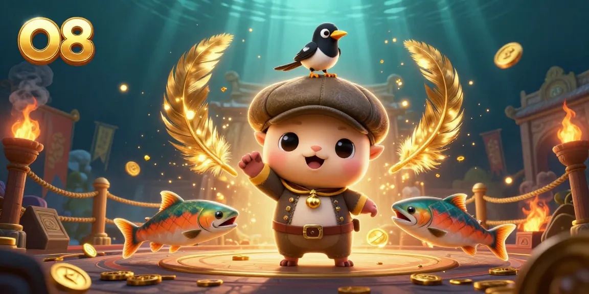 Experience O8's thrilling world of online gaming with mascot characters amid a vivid casino scene.