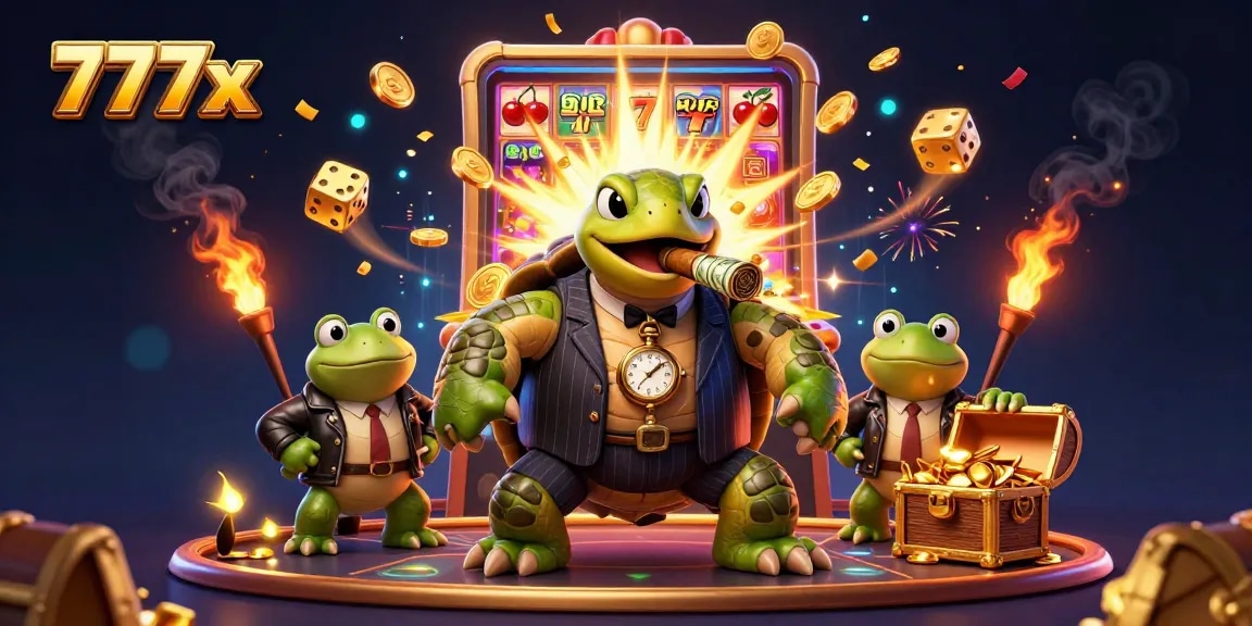 Experience thrilling wins at 777x with the vibrant casino atmosphere illustrated by the snapping turtle and bullfrog enforcers.