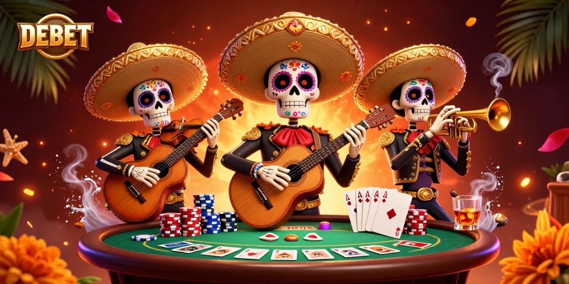 Engage in thrilling poker gameplay with DEBET featuring a vibrant mariachi band illustration.