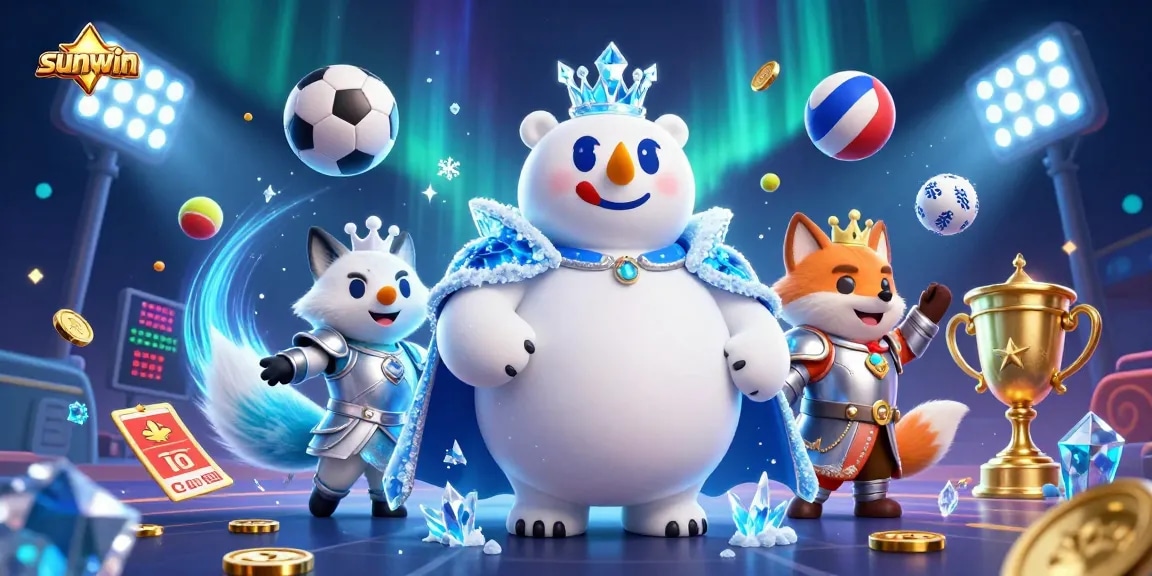 Experience excitement at Sunwin with a winning animated scene showcasing a polar bear king and sports elements.
