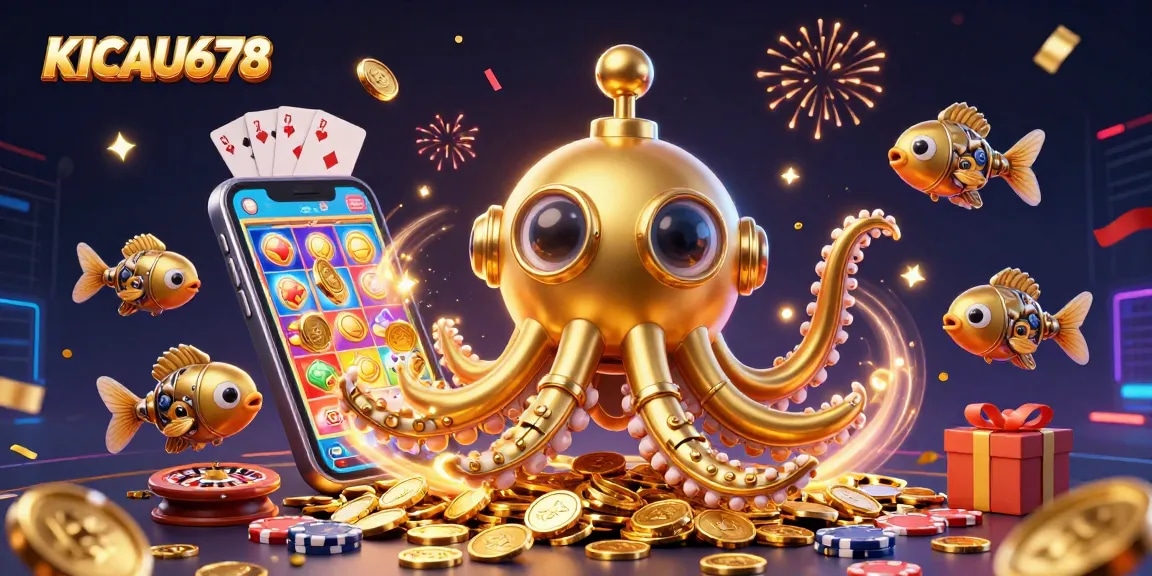KICAU678 attracts players with a vibrant 3D illustration of an entertainment scene filled with slots and fishing elements.